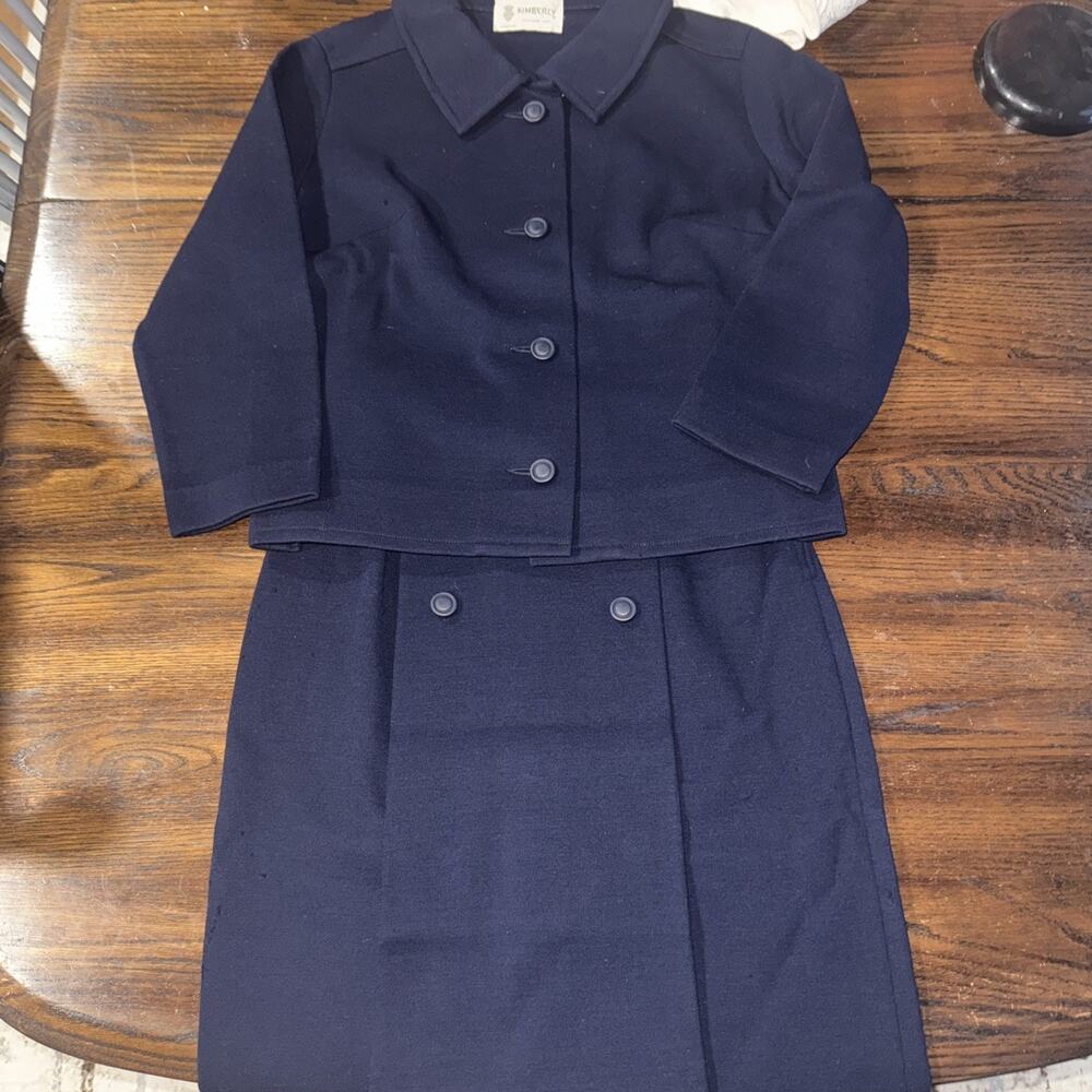 Vtg Kimberly 100% Wool Skirt Blazer Suit Sz 12 Navy Retro Work Attire “READ”